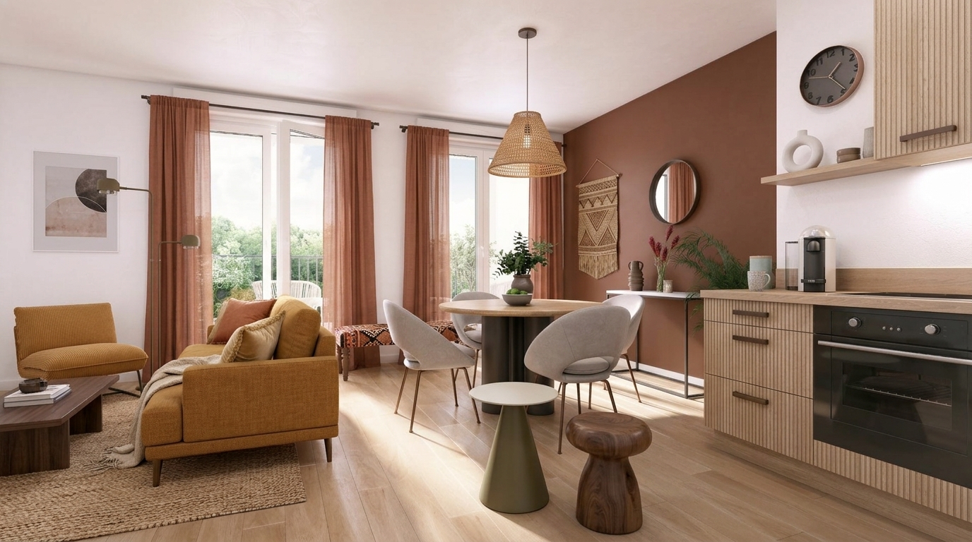 Perspective intérieure d’un appartement Allure, séjour lumineux ouvert sur la cuisine et la terrasse