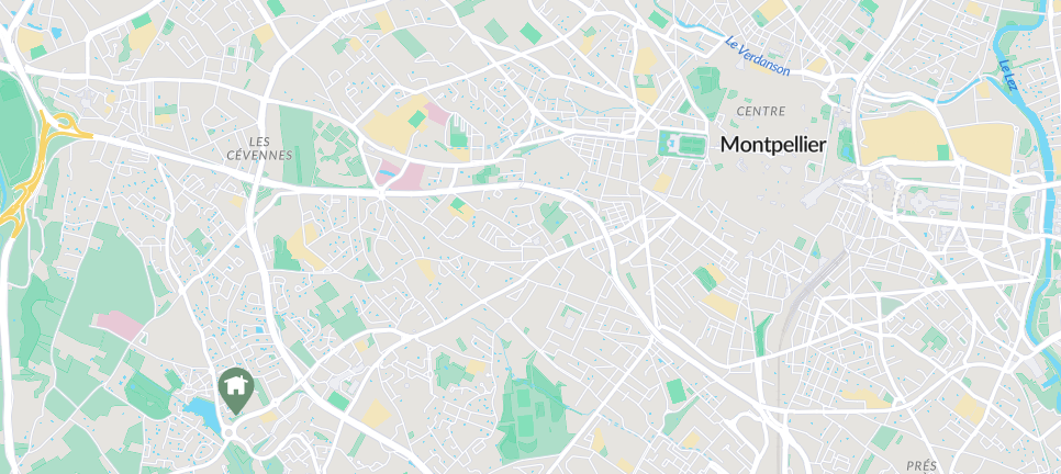Carte de Montpellier avec un repère indiquant la résidence Duo Verde au sud-ouest du centre-ville