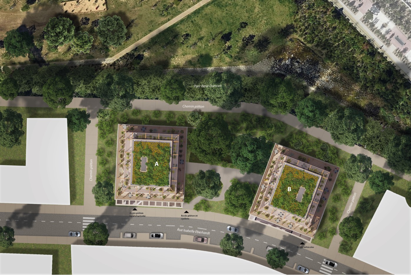 Plan masse de Canopea, deux bâtiments rue Isabelle Eberhardt en bordure du parc René Dumont à Montpellier
